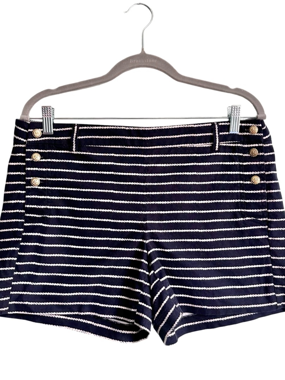 Cynthia Rowley Navy White Striped Nautical‎ Sailor Shorts Gold Buttons Sz 10 EUC